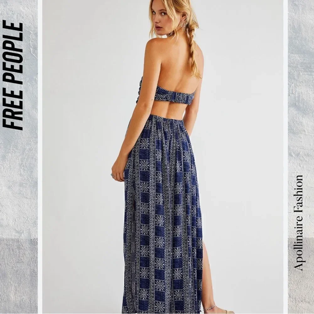 FREE PEOPLE PEYTON MAXI DRESS SIDE SLITS IN NAVY COMBO NWOT LARGE